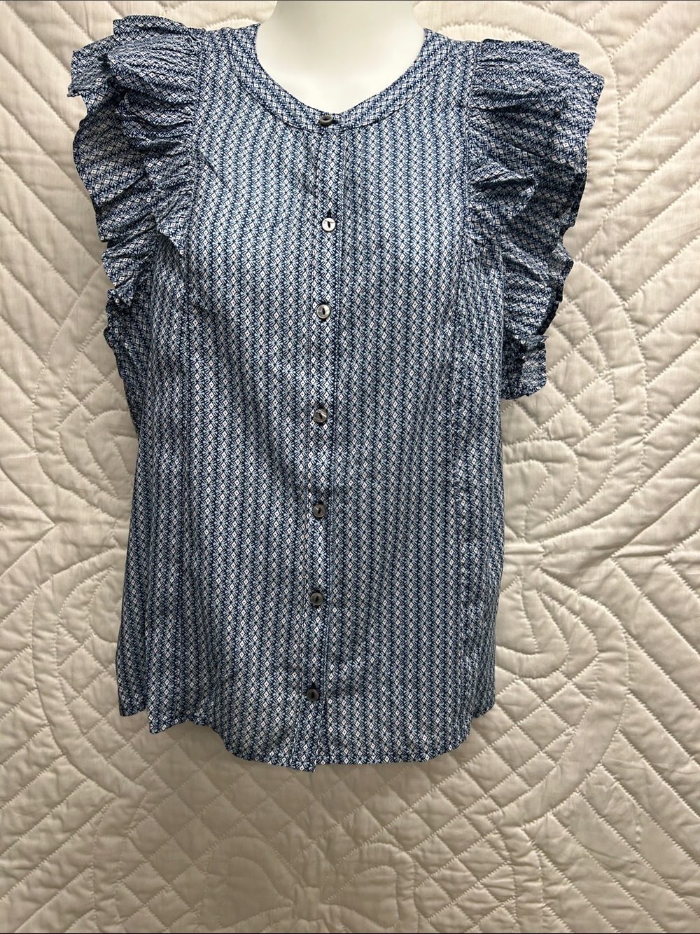 Vineyard Vines Blue Printed Ruffle-Sleeve Button Top - Picture 2 of 12